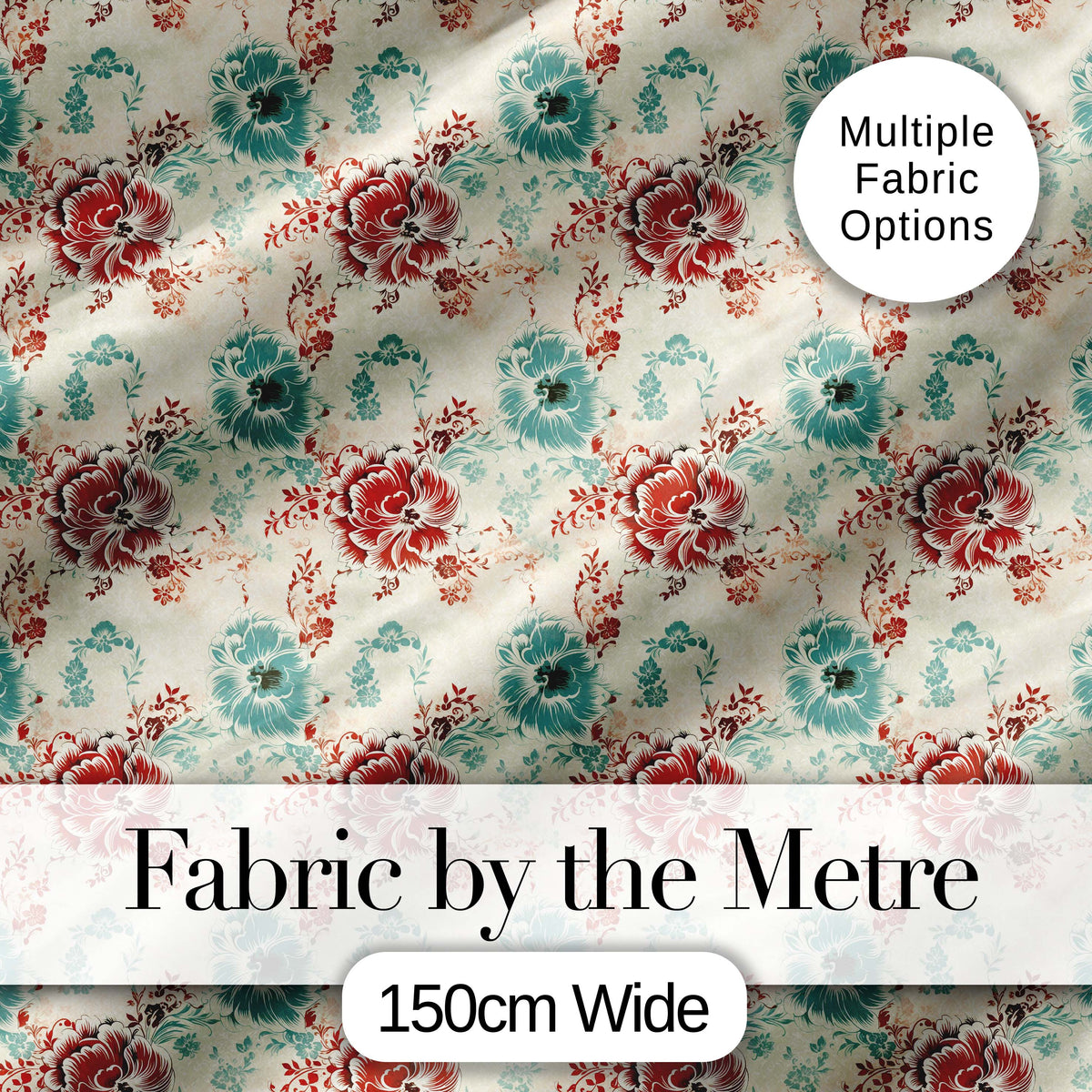 Vintage Red Teal Floral Damask Seamless Pattern Digital Print Fabric by the Metre UK Sewing Quilting Textile