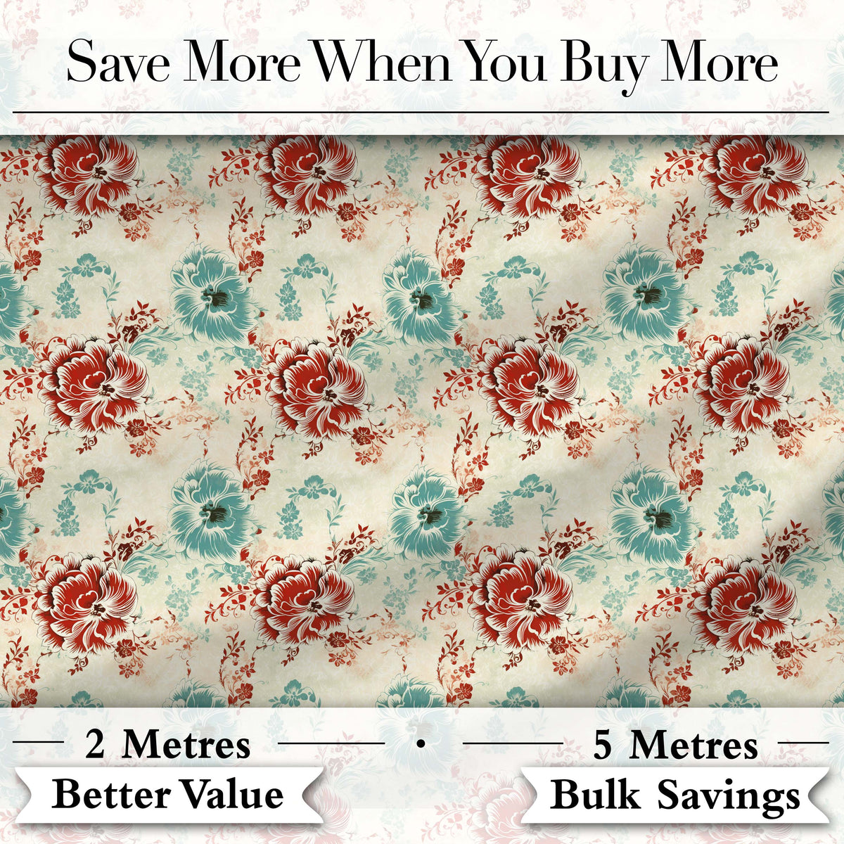Vintage Red Teal Floral Damask Seamless Pattern Digital Print Fabric by the Metre UK Sewing Quilting Textile