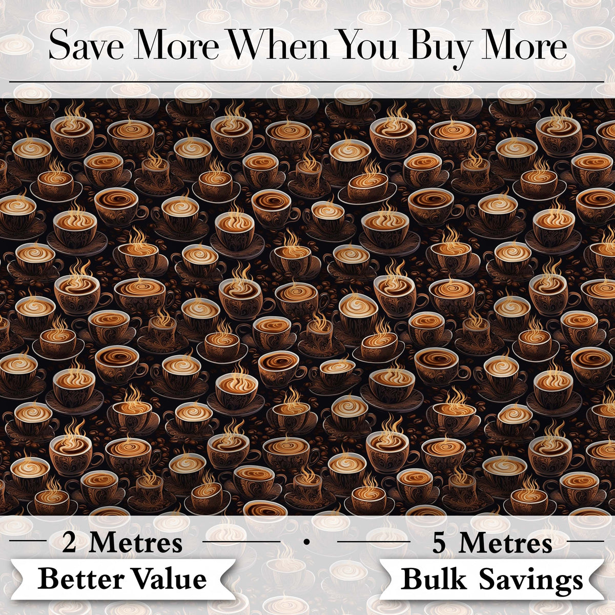 Coffee Cups Dark Roast Cafe Theme Seamless Pattern Digital Print Fabric by the Metre UK Sewing Quilting Textile