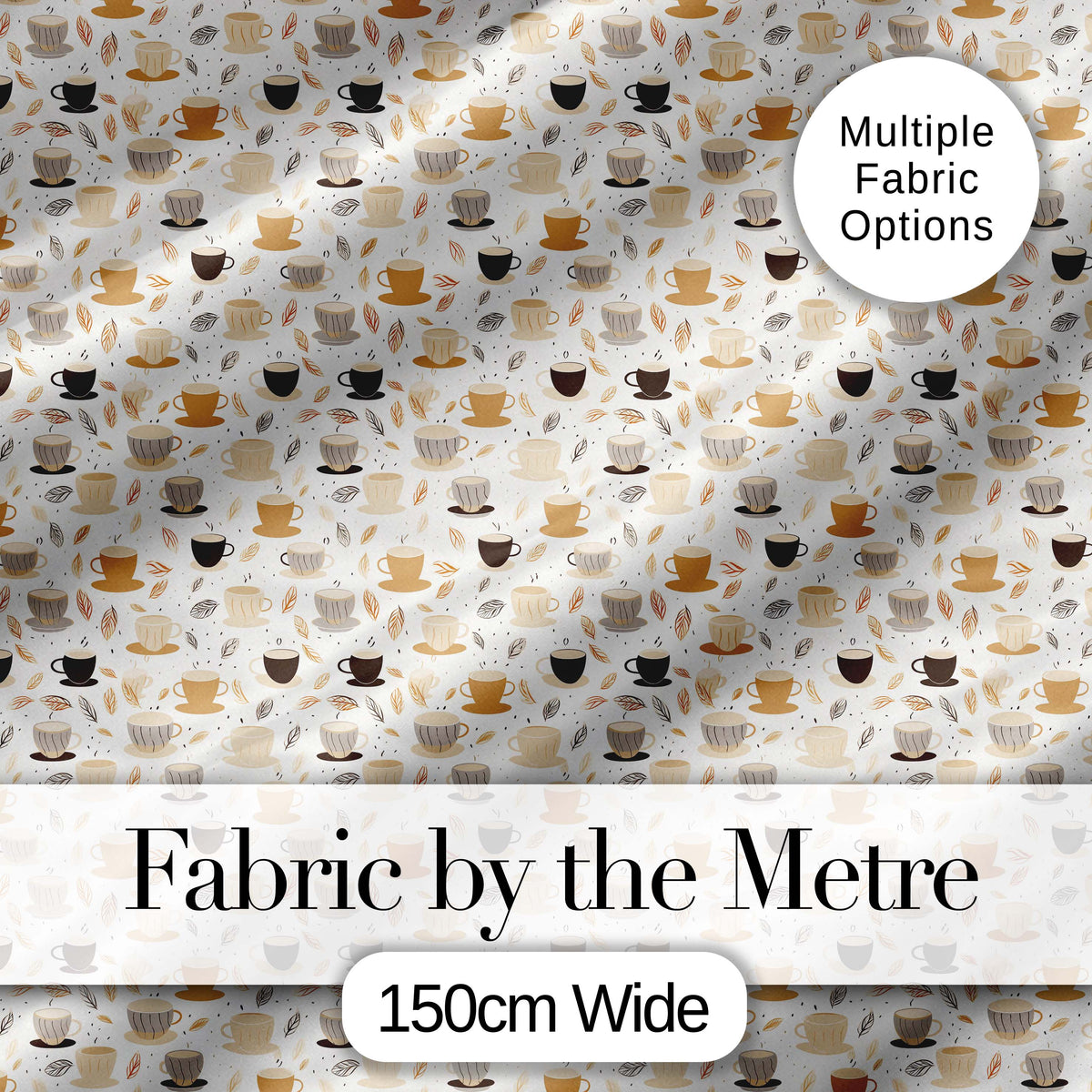 Minimal Coffee Cups and Leaves Neutral Tone Seamless Pattern Digital Print Fabric by the Metre UK Sewing Quilting Textile