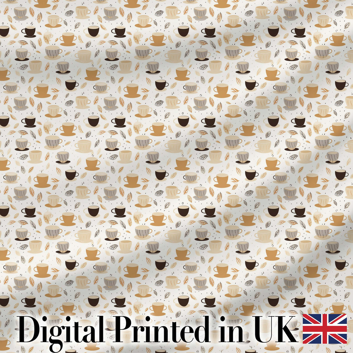 Minimal Coffee Cups and Leaves Neutral Tone Seamless Pattern Digital Print Fabric by the Metre UK Sewing Quilting Textile
