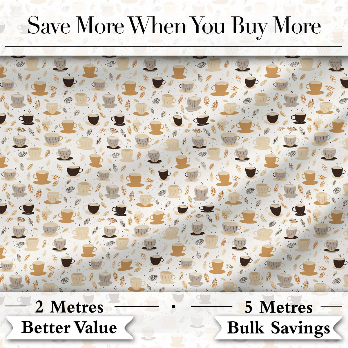 Minimal Coffee Cups and Leaves Neutral Tone Seamless Pattern Digital Print Fabric by the Metre UK Sewing Quilting Textile