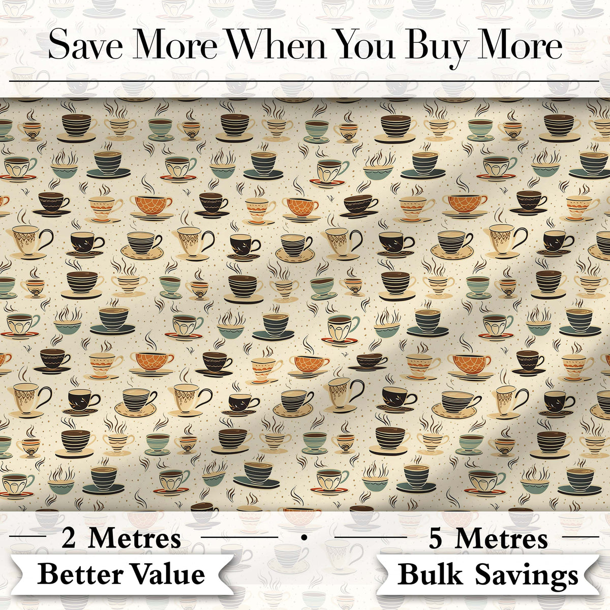 Classic Coffee Cups and Steam Warm Tones Seamless Pattern Digital Print Fabric by the Metre UK Sewing Quilting Textile