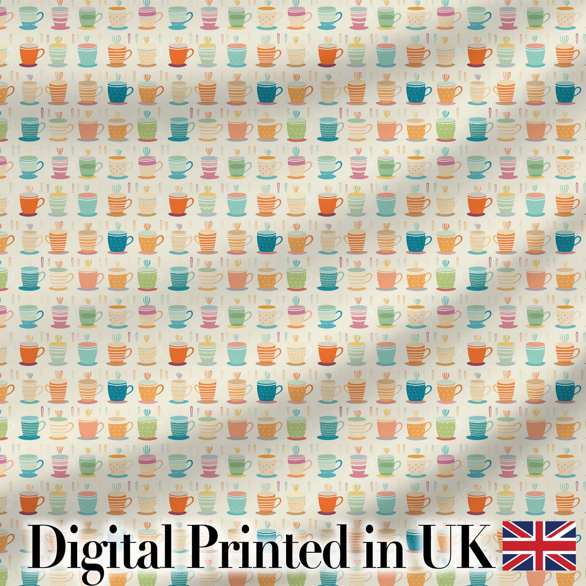 Colorful Coffee Cups Bright Fun Seamless Pattern Digital Print Fabric by the Metre UK Sewing Quilting Textile