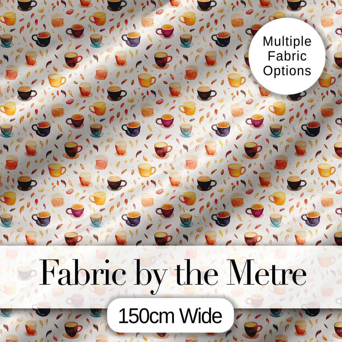 Watercolor Coffee Cups and Beans Soft Autumn Tones Seamless Pattern Digital Print Fabric by the Metre UK Sewing Quilting Textile