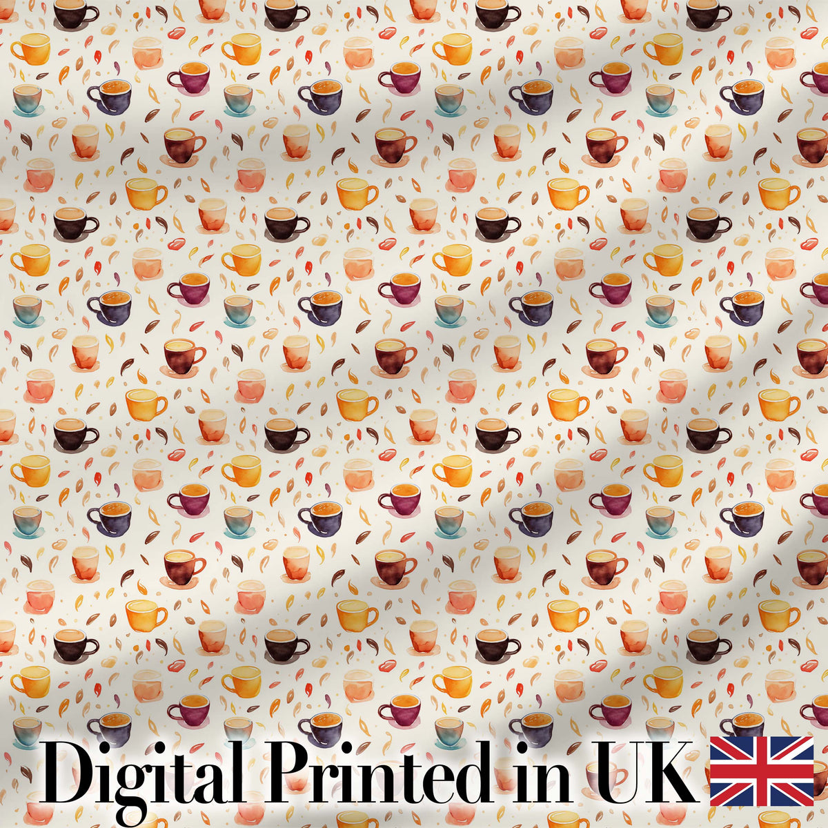 Watercolor Coffee Cups and Beans Soft Autumn Tones Seamless Pattern Digital Print Fabric by the Metre UK Sewing Quilting Textile