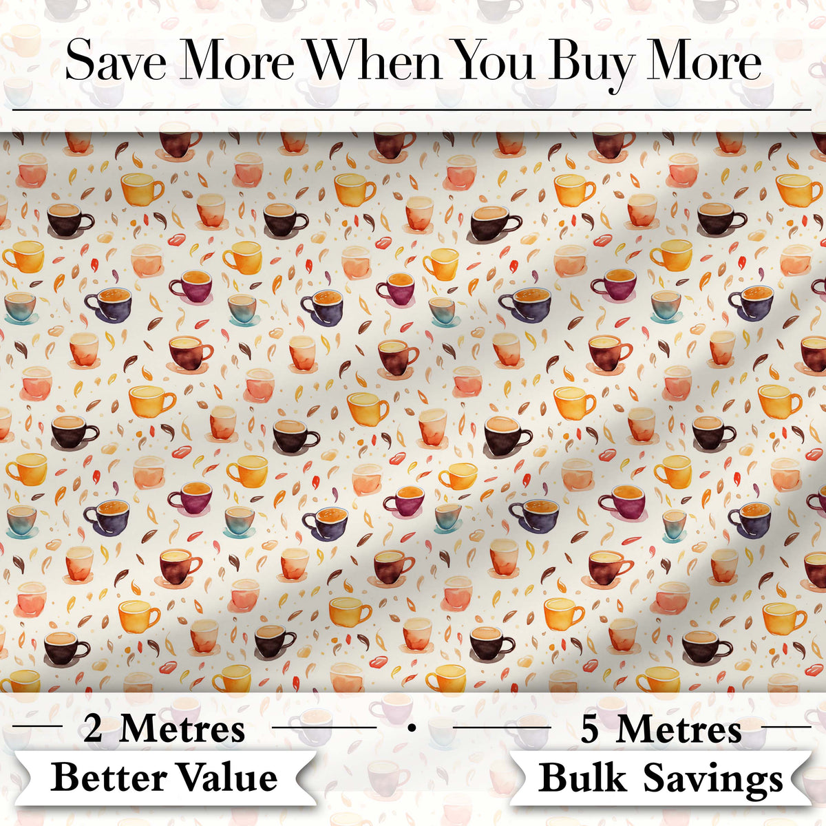 Watercolor Coffee Cups and Beans Soft Autumn Tones Seamless Pattern Digital Print Fabric by the Metre UK Sewing Quilting Textile