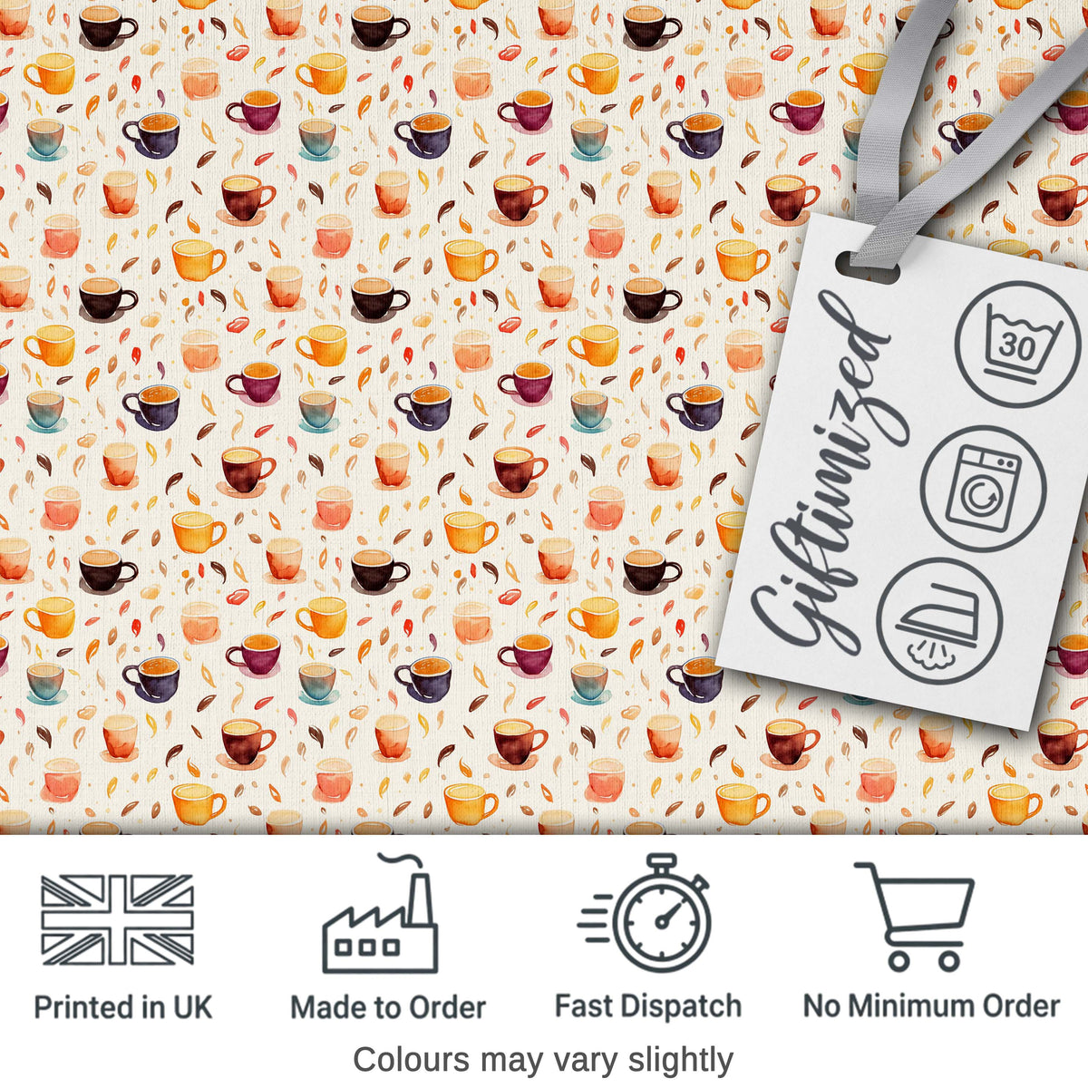 Watercolor Coffee Cups and Beans Soft Autumn Tones Seamless Pattern Digital Print Fabric by the Metre UK Sewing Quilting Textile