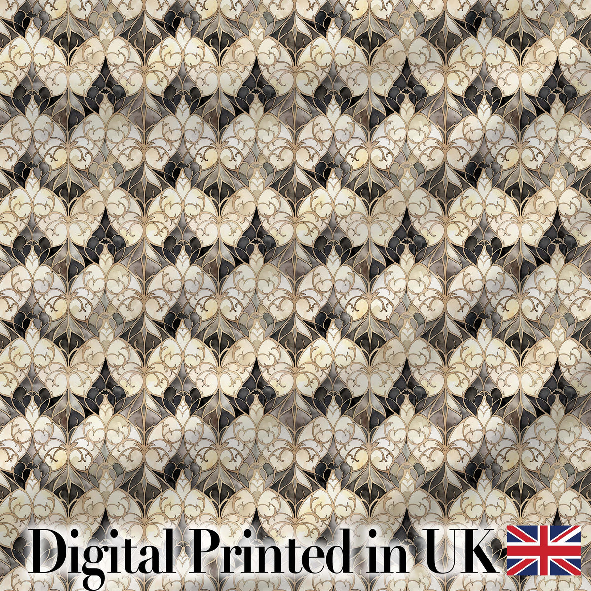 Elegant Vintage Damask Floral Beige and Charcoal Seamless Pattern Digital Print Fabric by the Metre UK Sewing Quilting Textile