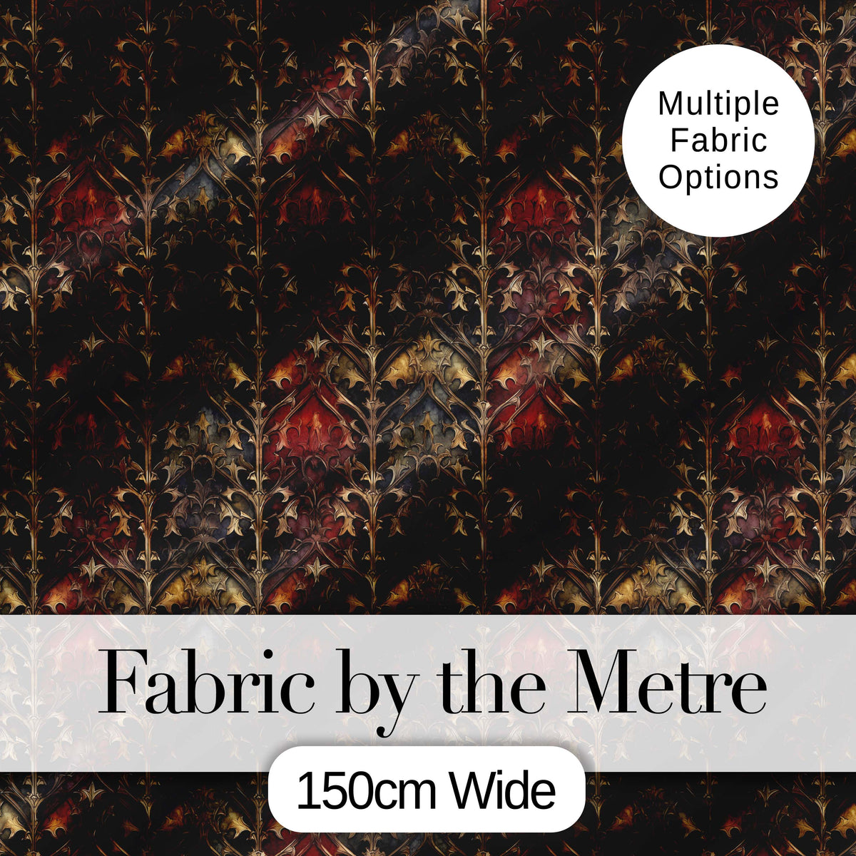Dark Gothic Ornamental Floral Red Gold and Charcoal Seamless Pattern Digital Print Fabric by the Metre UK Sewing Quilting Textile