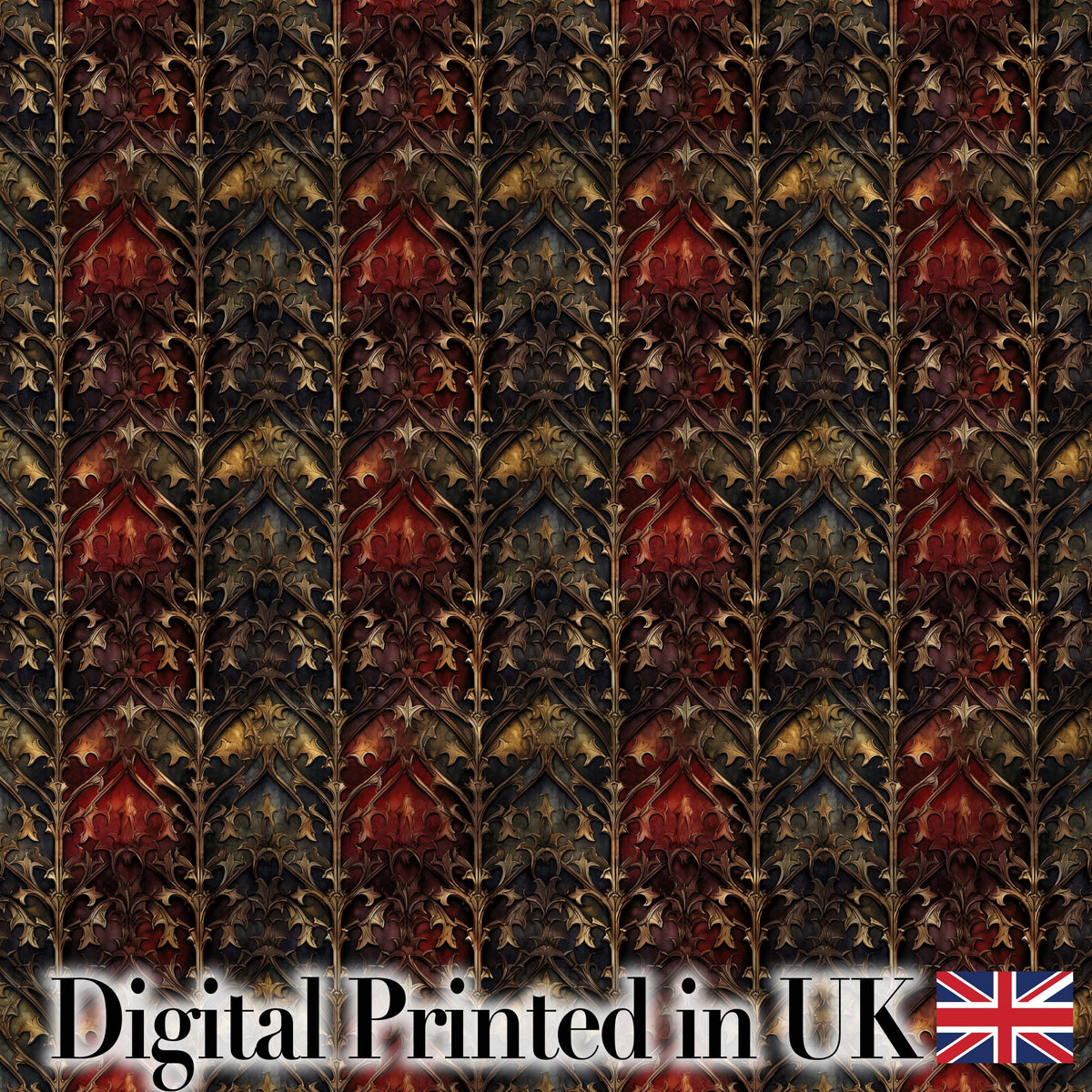 Dark Gothic Ornamental Floral Red Gold and Charcoal Seamless Pattern Digital Print Fabric by the Metre UK Sewing Quilting Textile