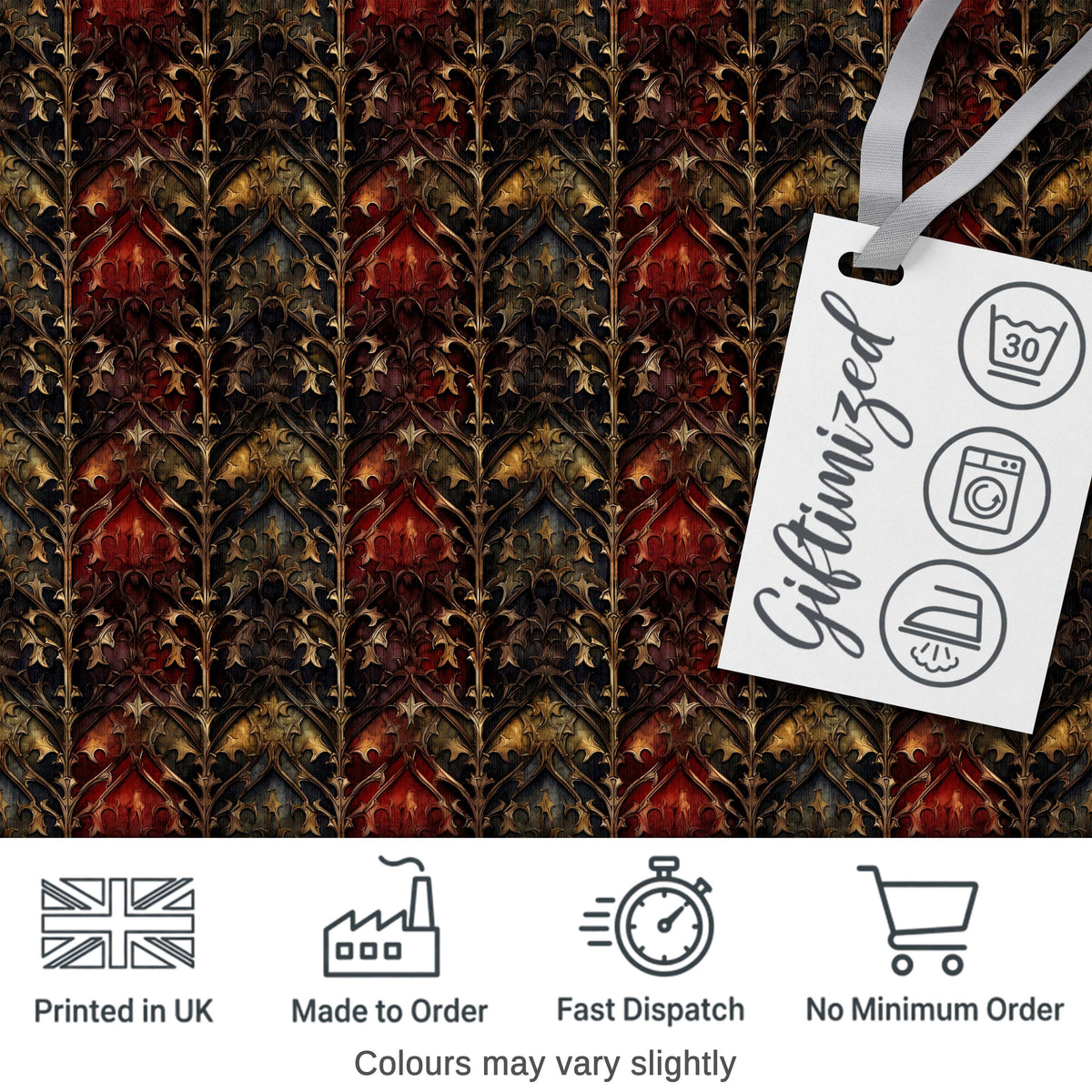 Dark Gothic Ornamental Floral Red Gold and Charcoal Seamless Pattern Digital Print Fabric by the Metre UK Sewing Quilting Textile