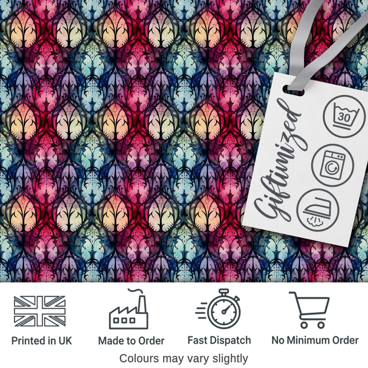 Vibrant Art Nouveau Floral Stained Glass Pink Blue Seamless Pattern Digital Print Fabric by the Metre UK Sewing Quilting Textile