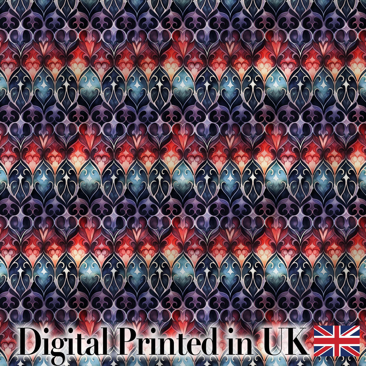Elegant Gothic Floral Motif Red Blue and Purple Seamless Pattern Digital Print Fabric by the Metre UK Sewing Quilting Textile
