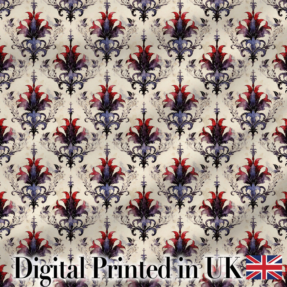 Vintage Floral Damask Red and Purple on Cream Seamless Pattern Digital Print Fabric by the Metre UK Sewing Quilting Textile