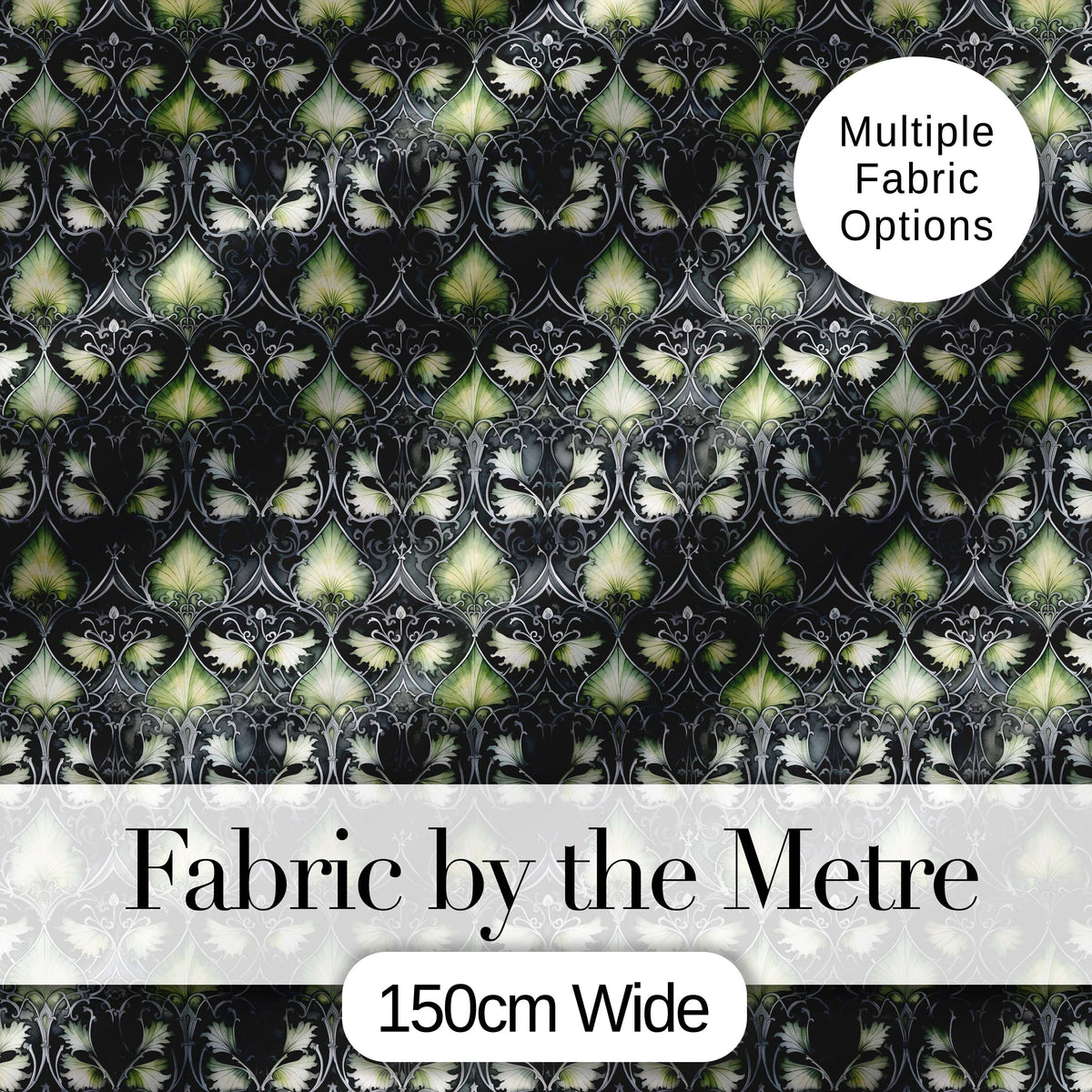 Dark Botanical Art Nouveau Green and Black Seamless Pattern Digital Print Fabric by the Metre UK Sewing Quilting Textile