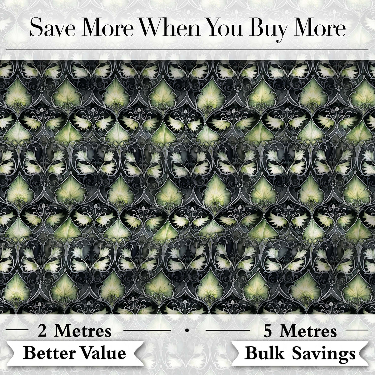 Dark Botanical Art Nouveau Green and Black Seamless Pattern Digital Print Fabric by the Metre UK Sewing Quilting Textile