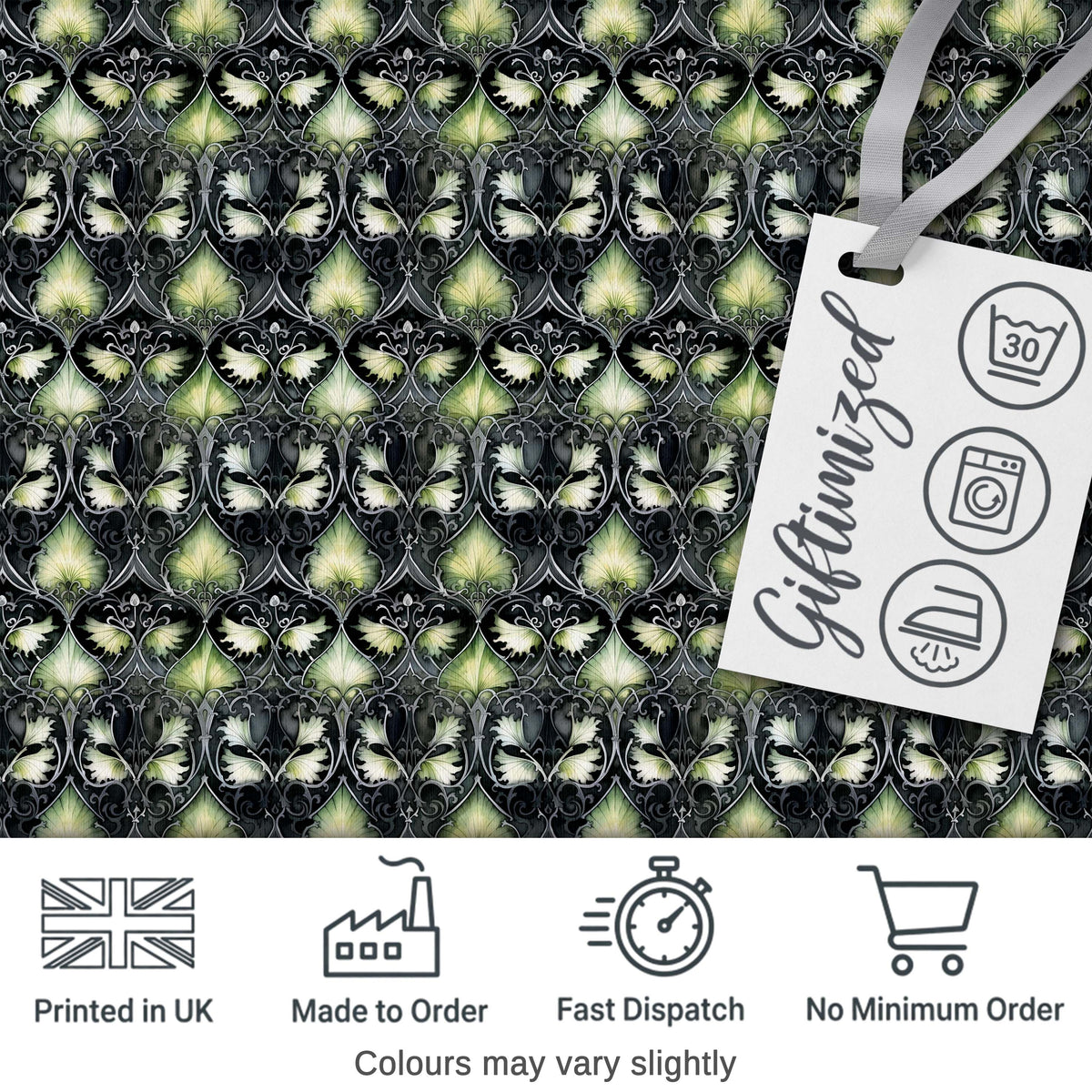 Dark Botanical Art Nouveau Green and Black Seamless Pattern Digital Print Fabric by the Metre UK Sewing Quilting Textile