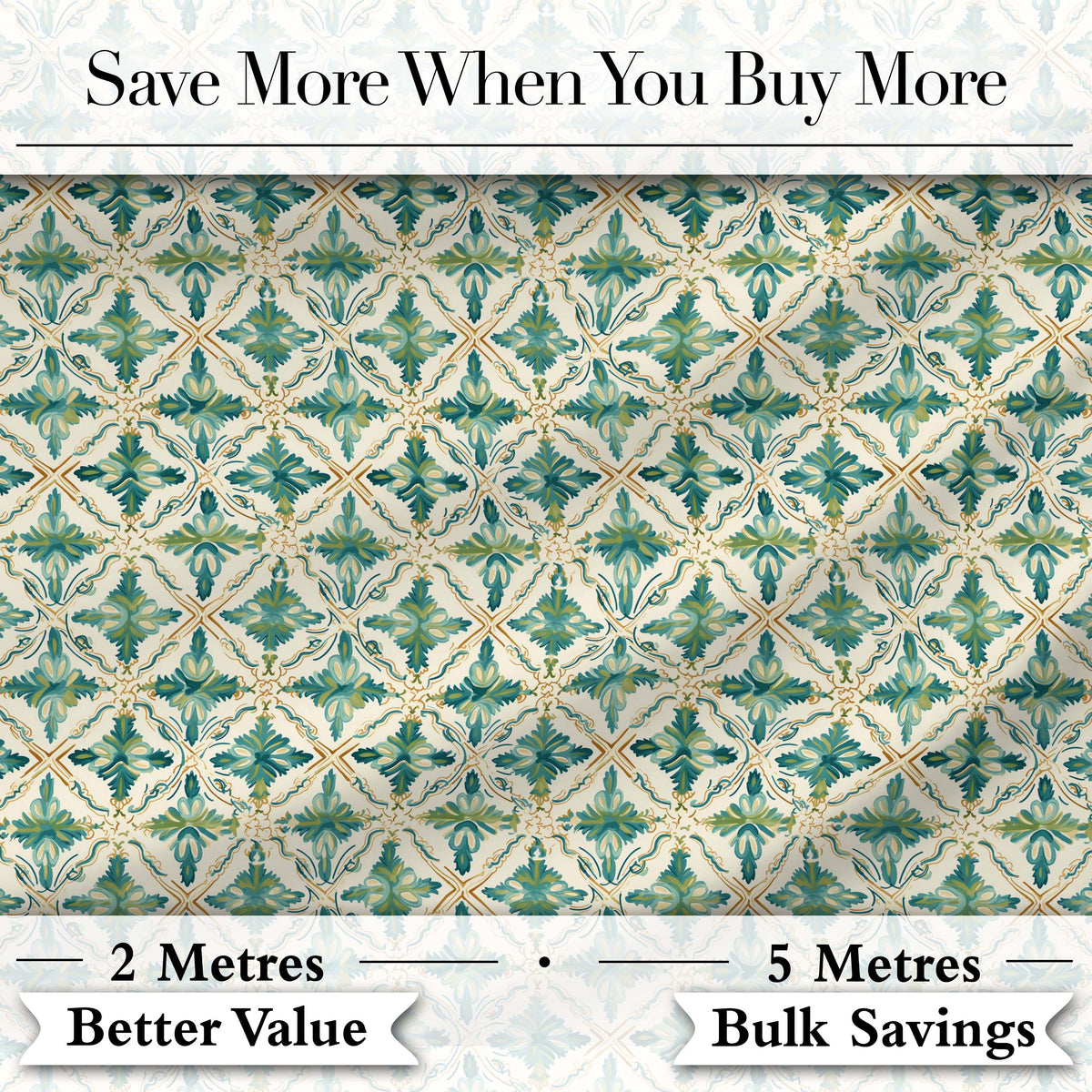Elegant Geometric Floral Tile Green and Gold Seamless Pattern Digital Print Fabric by the Metre UK Sewing Quilting Textile
