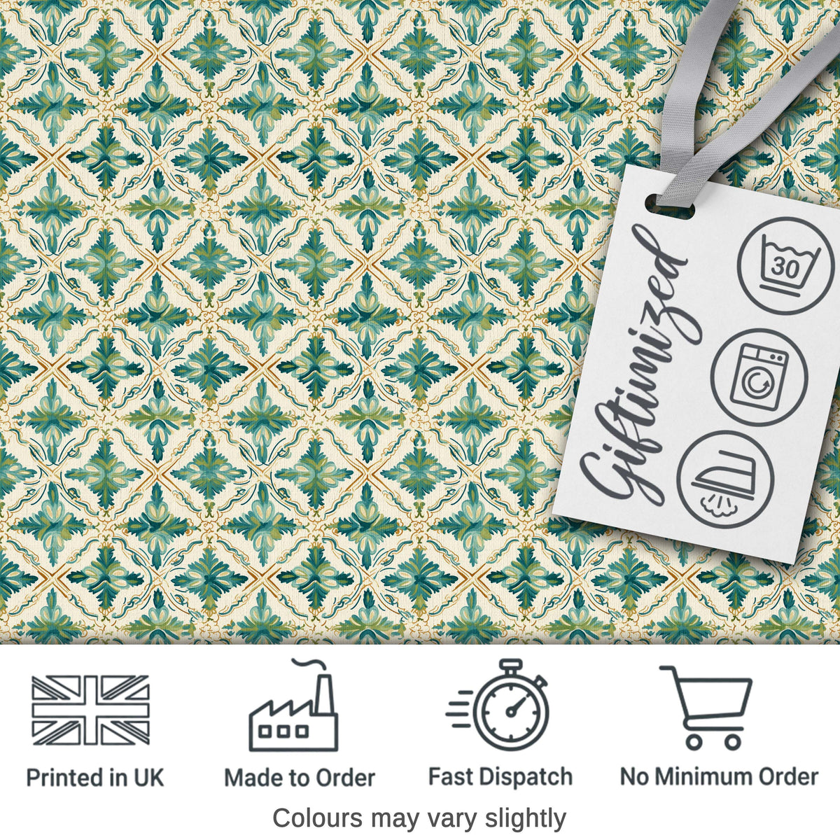 Elegant Geometric Floral Tile Green and Gold Seamless Pattern Digital Print Fabric by the Metre UK Sewing Quilting Textile