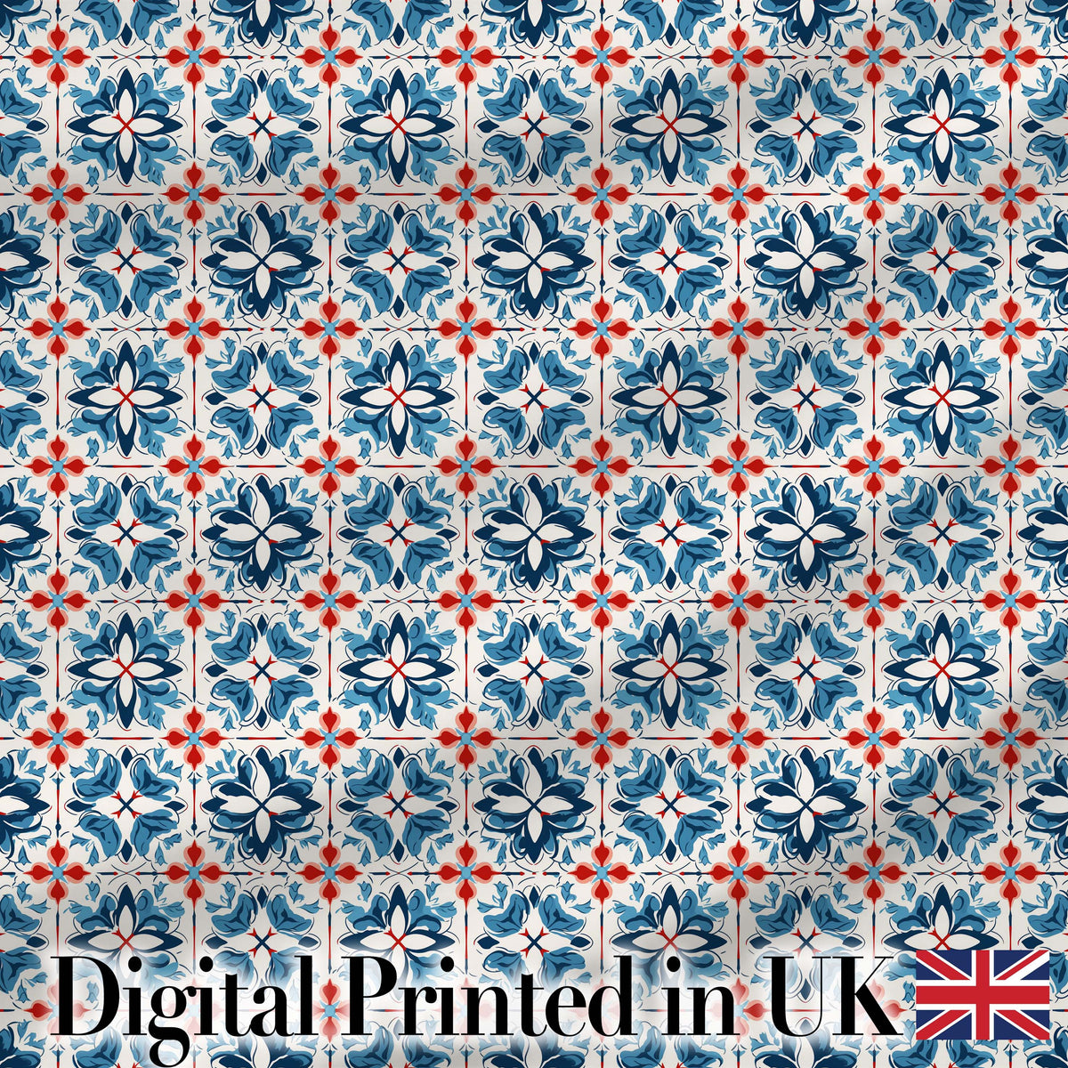 Traditional Blue Red Floral Tile Motif Seamless Pattern Digital Print Fabric by the Metre UK Sewing Quilting Textile