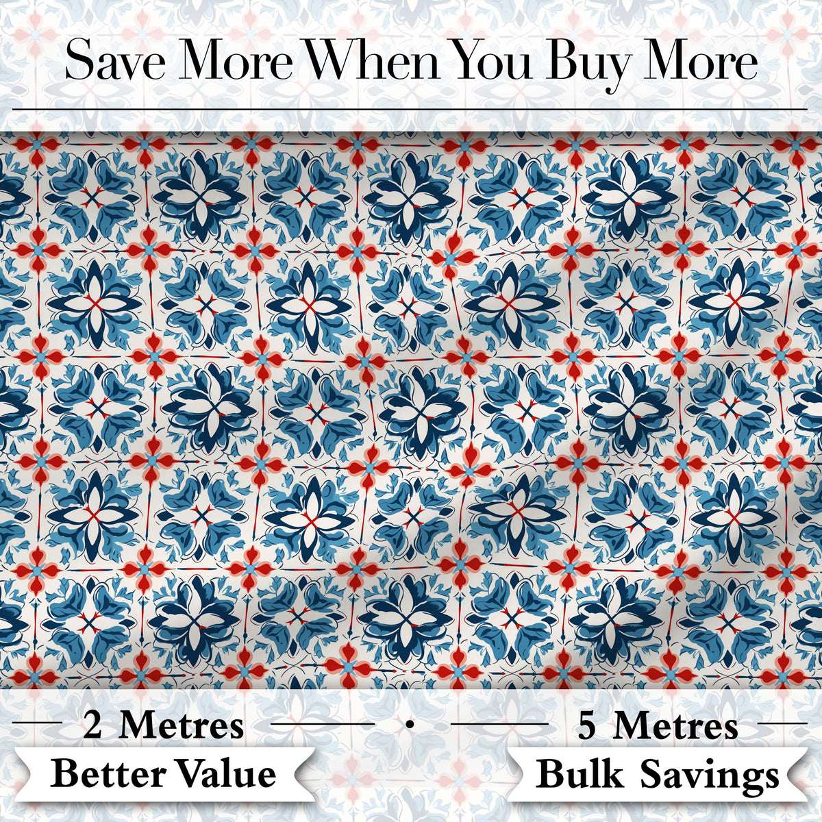 Traditional Blue Red Floral Tile Motif Seamless Pattern Digital Print Fabric by the Metre UK Sewing Quilting Textile