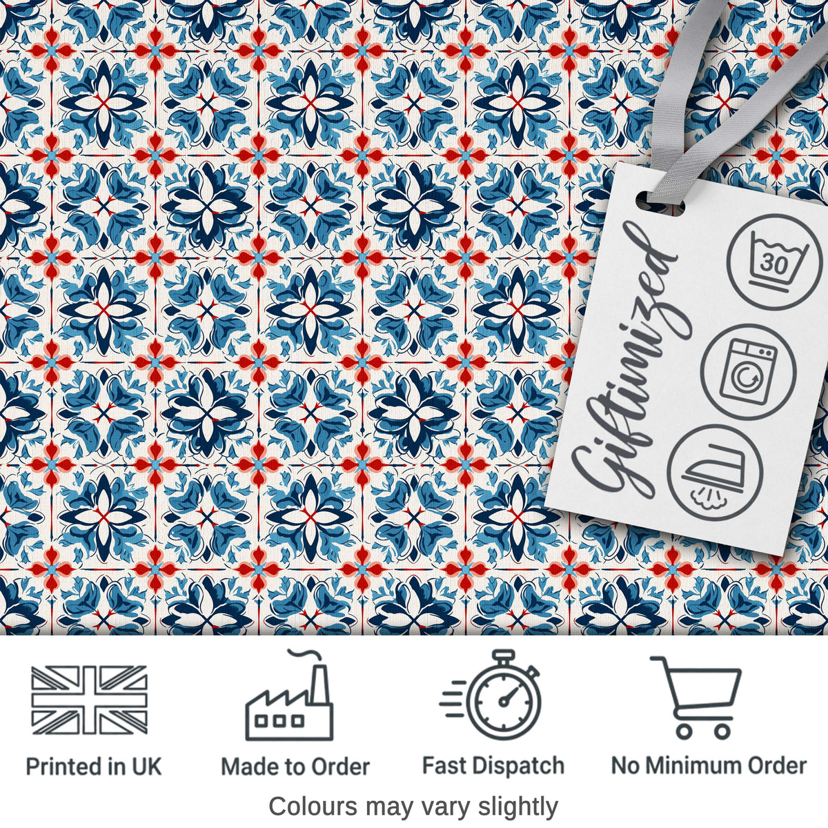Traditional Blue Red Floral Tile Motif Seamless Pattern Digital Print Fabric by the Metre UK Sewing Quilting Textile