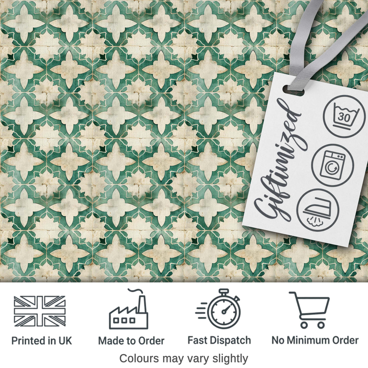 Vintage Distressed Moroccan Tile Green and Cream Seamless Pattern Digital Print Fabric by the Metre UK Sewing Quilting Textile