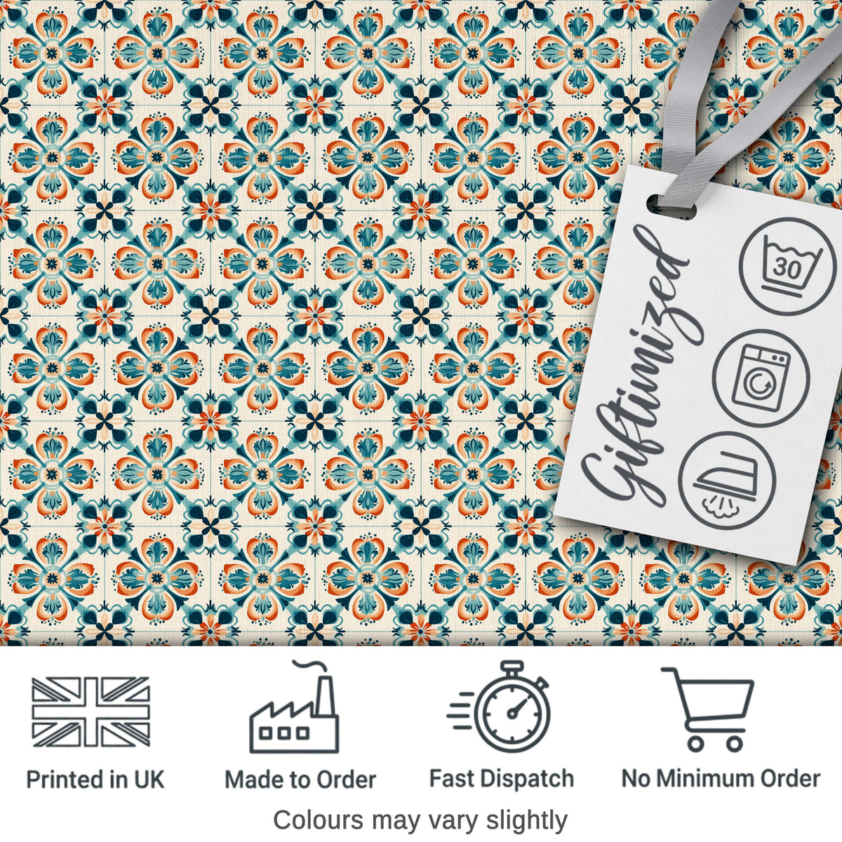 Decorative Floral Tile Pattern Teal Orange and Cream Seamless Pattern Digital Print Fabric by the Metre UK Sewing Quilting Textile