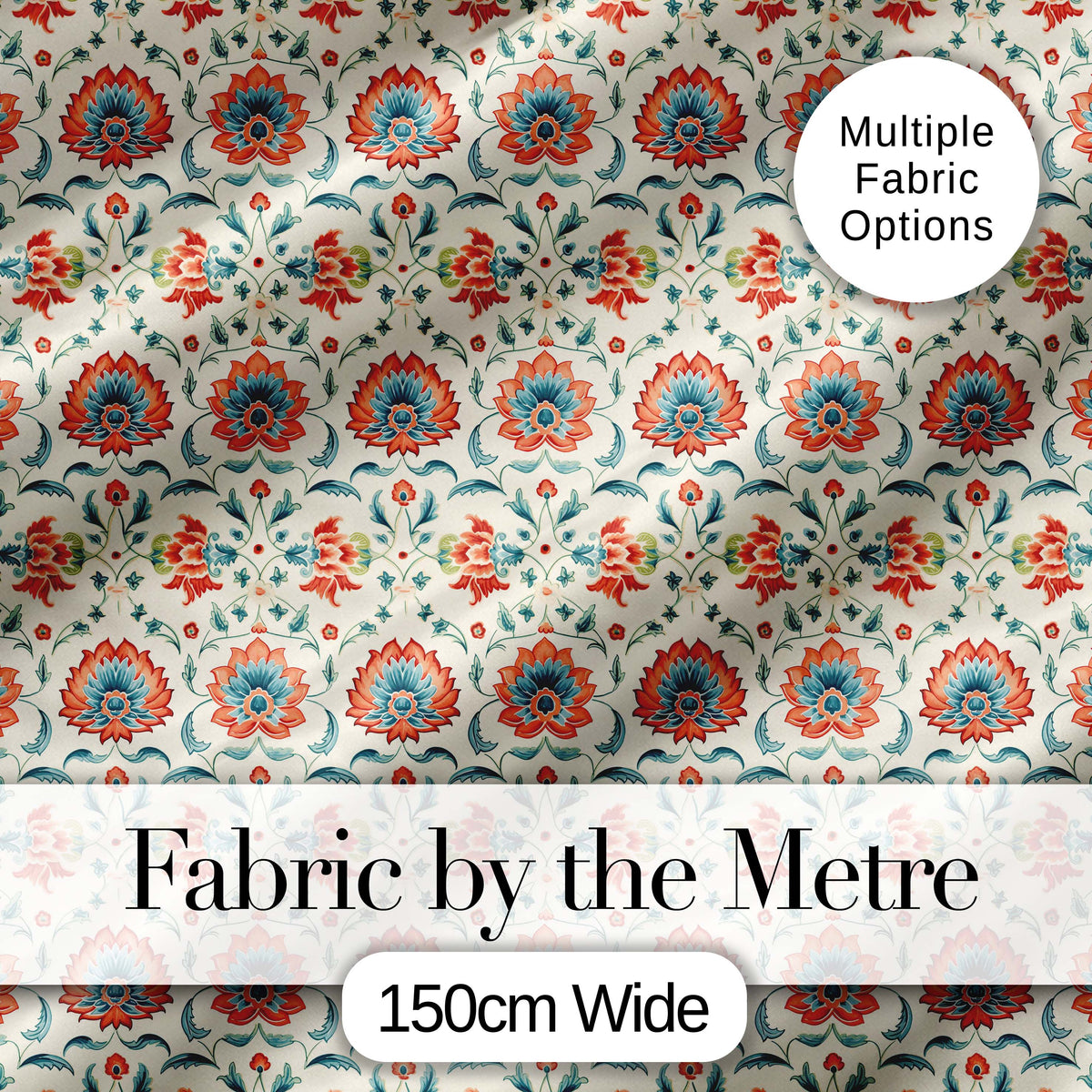 Elegant Folk Floral Pattern Red Teal and Cream Seamless Pattern Digital Print Fabric by the Metre UK Sewing Quilting Textile