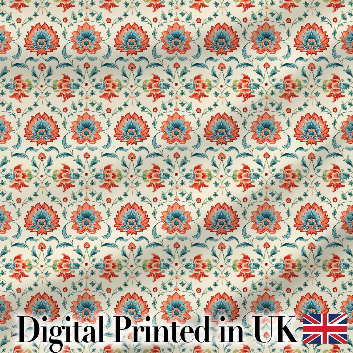 Elegant Folk Floral Pattern Red Teal and Cream Seamless Pattern Digital Print Fabric by the Metre UK Sewing Quilting Textile