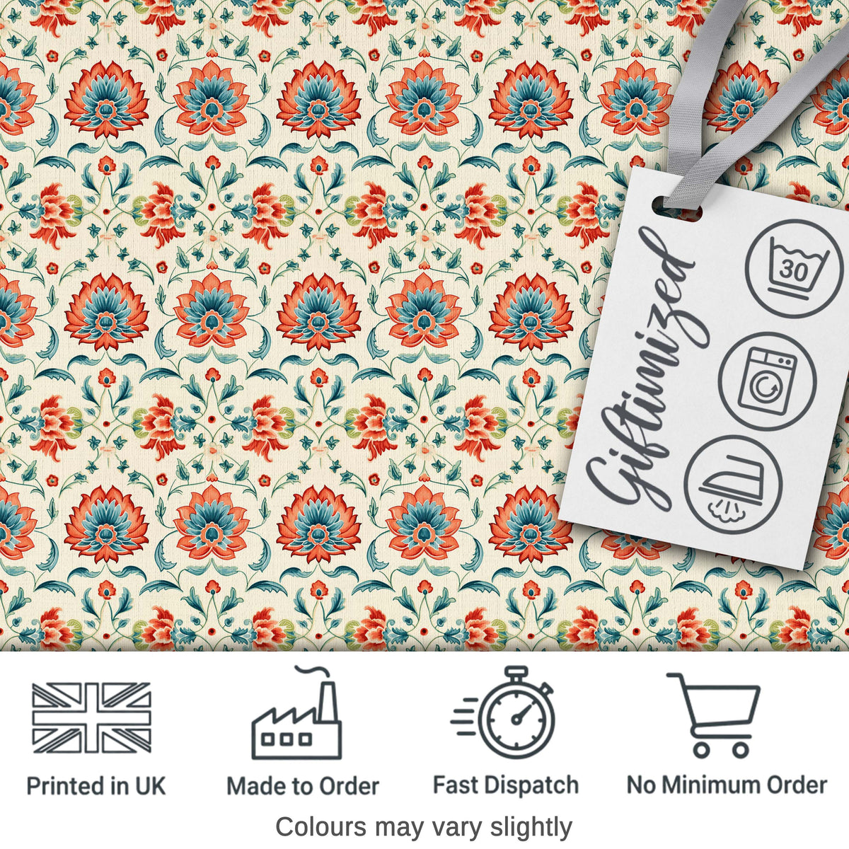 Elegant Folk Floral Pattern Red Teal and Cream Seamless Pattern Digital Print Fabric by the Metre UK Sewing Quilting Textile