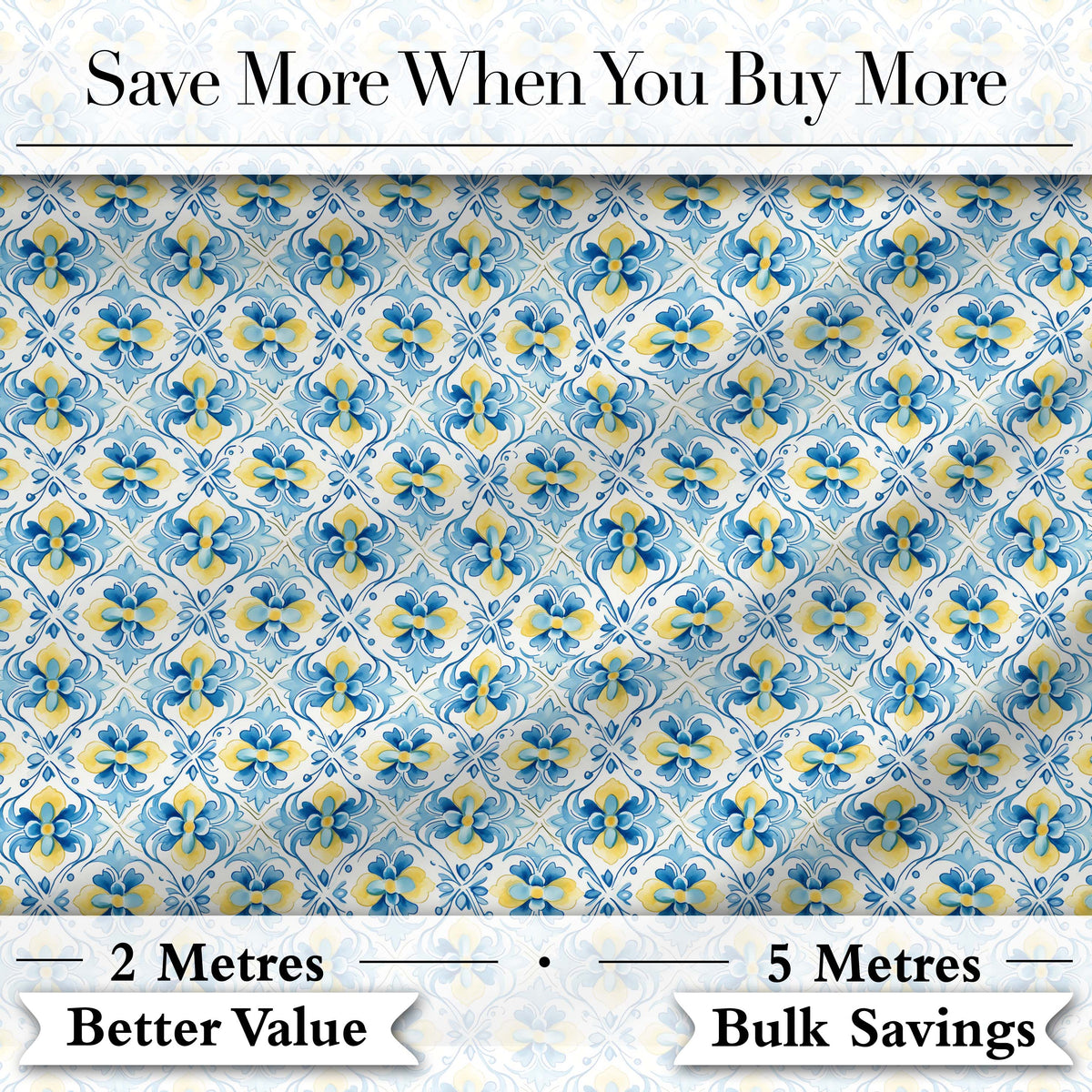 Classic Blue Yellow Tile Floral Motif Seamless Pattern Digital Print Fabric by the Metre UK Sewing Quilting Textile