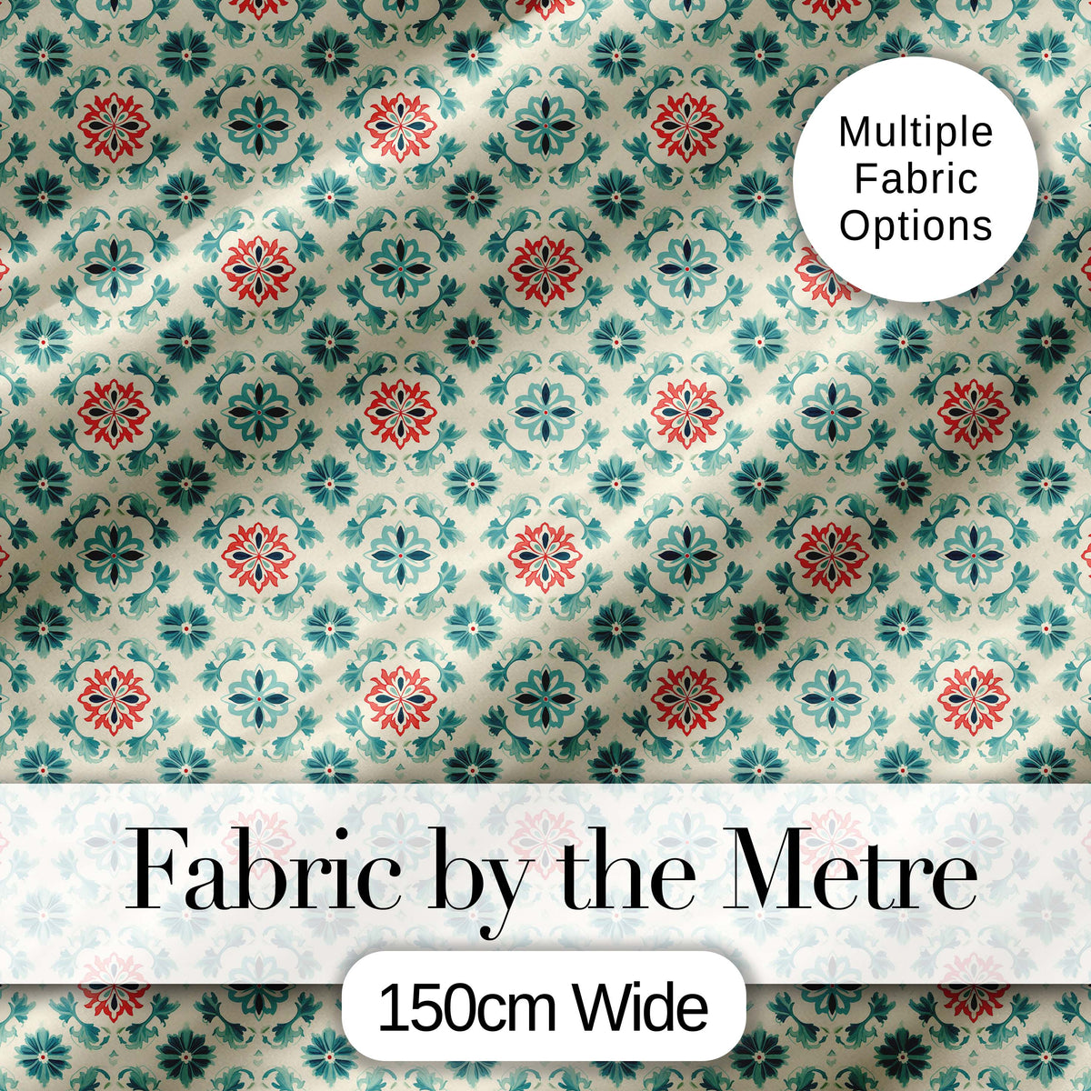 Vintage Inspired Floral Medallion Teal and Red Seamless Pattern Digital Print Fabric by the Metre UK Sewing Quilting Textile