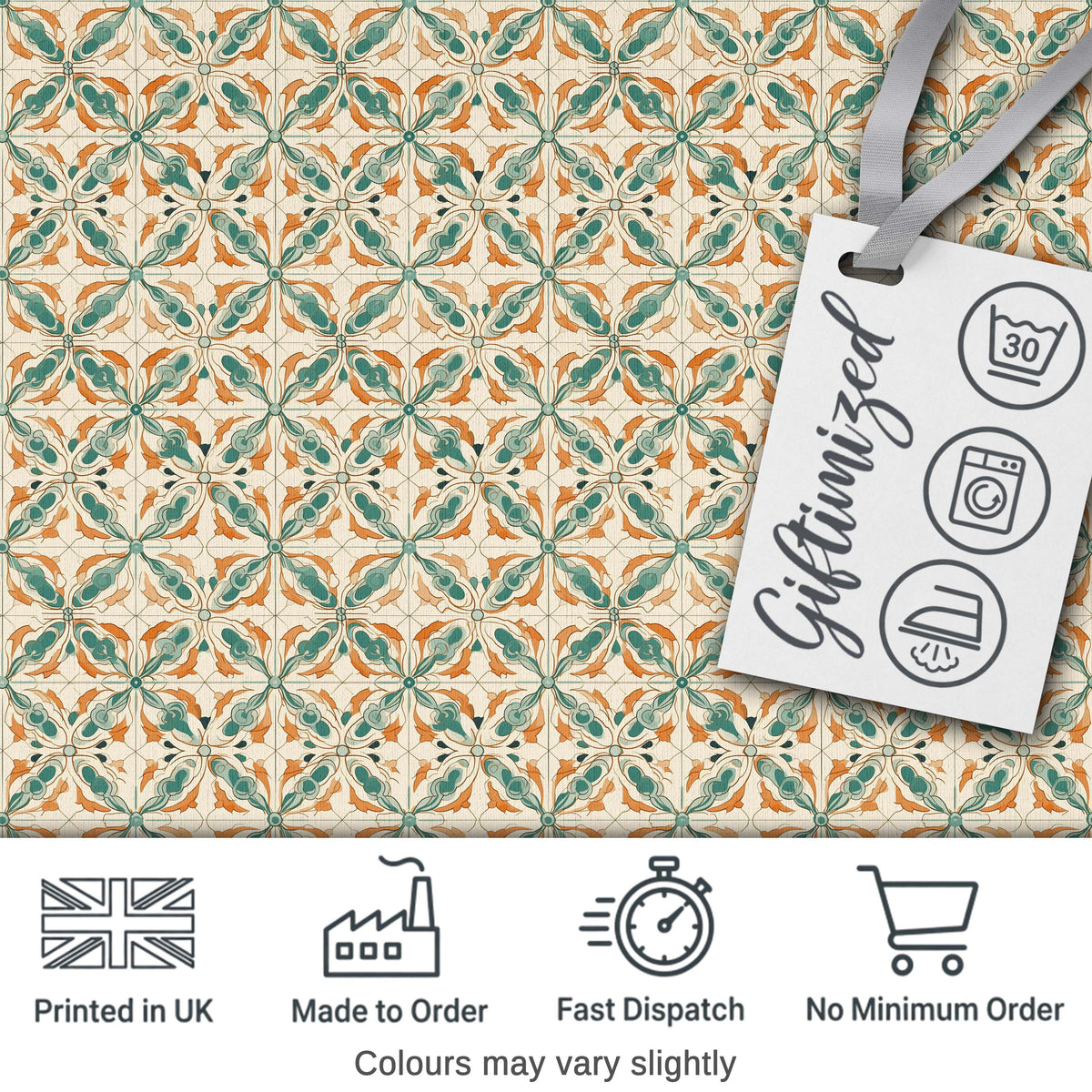 Orange Teal Geometric Floral Tile Seamless Pattern Digital Print Fabric by the Metre UK Sewing Quilting Textile