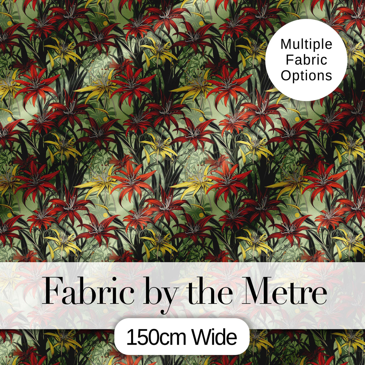Tropical Red Yellow Exotic Flowers Jungle Seamless Pattern Digital Print Fabric by the Metre UK Sewing Quilting Textile
