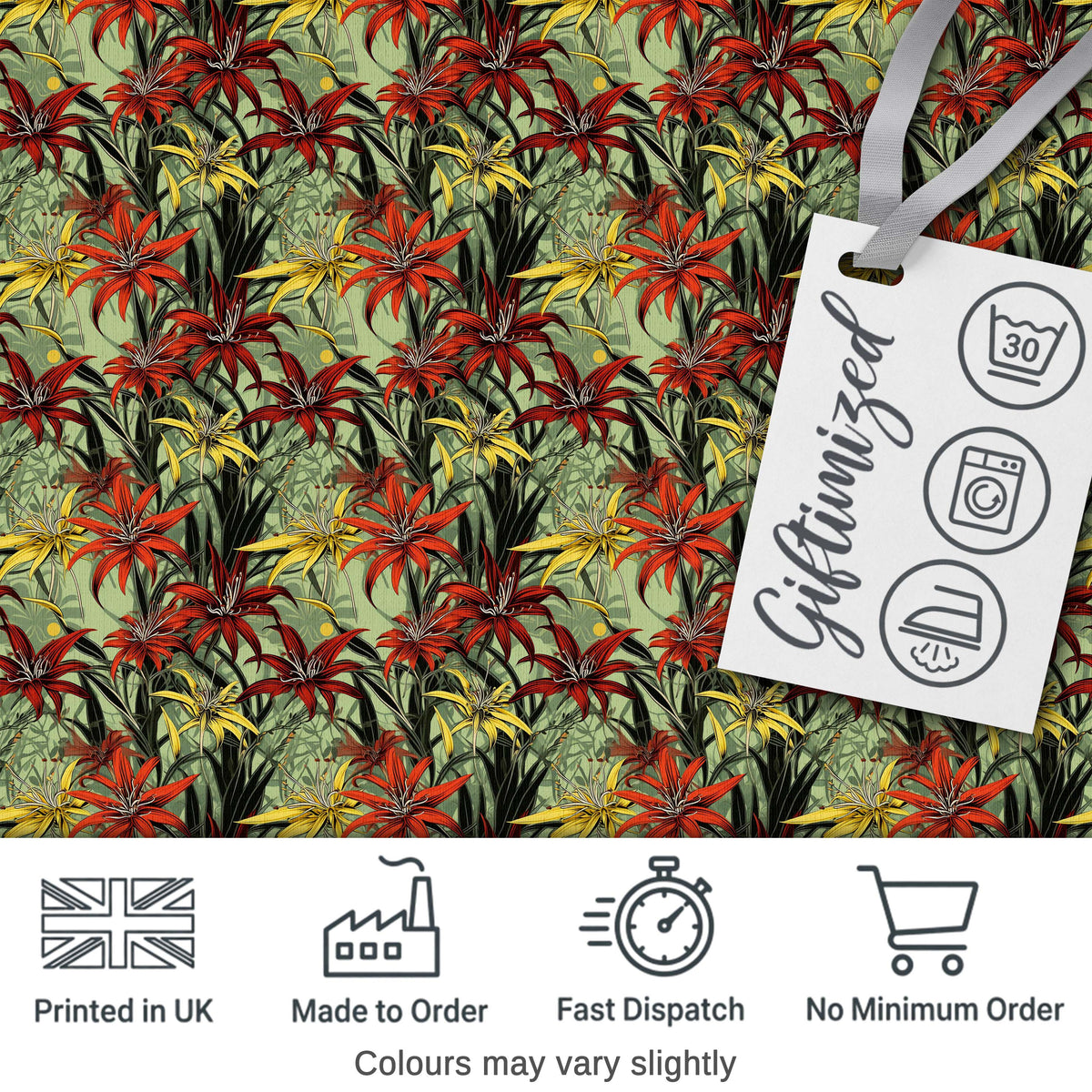Tropical Red Yellow Exotic Flowers Jungle Seamless Pattern Digital Print Fabric by the Metre UK Sewing Quilting Textile
