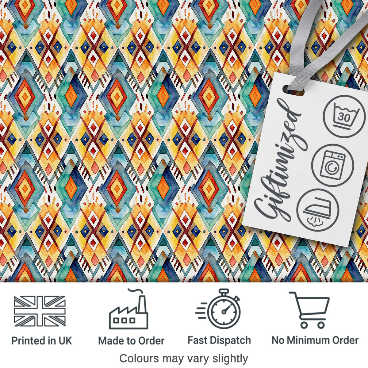 Colorful Diamond Aztec Tribal Watercolor Seamless Pattern Digital Print Fabric by the Metre UK Sewing Quilting Textile Design