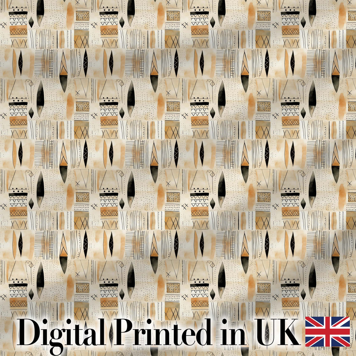 Neutral Tribal Geometric Shapes Earth Tone Watercolor Seamless Pattern Digital Print Fabric by the Metre UK Sewing Quilting Textile Design