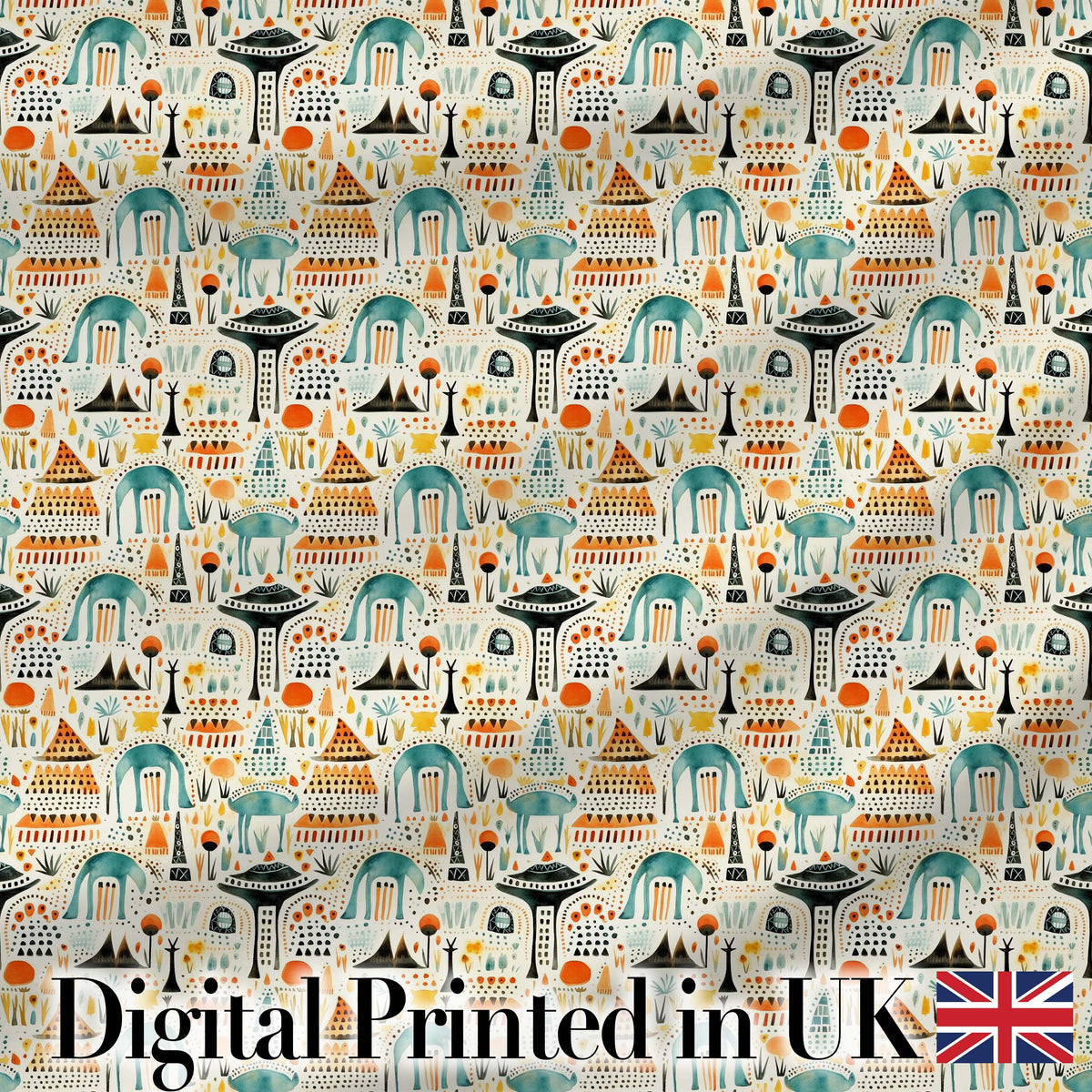 Whimsical Tribal Village Houses TreesAbstract Landscape Seamless Pattern Digital Print Fabric by the Metre UK Sewing Quilting Textile Design