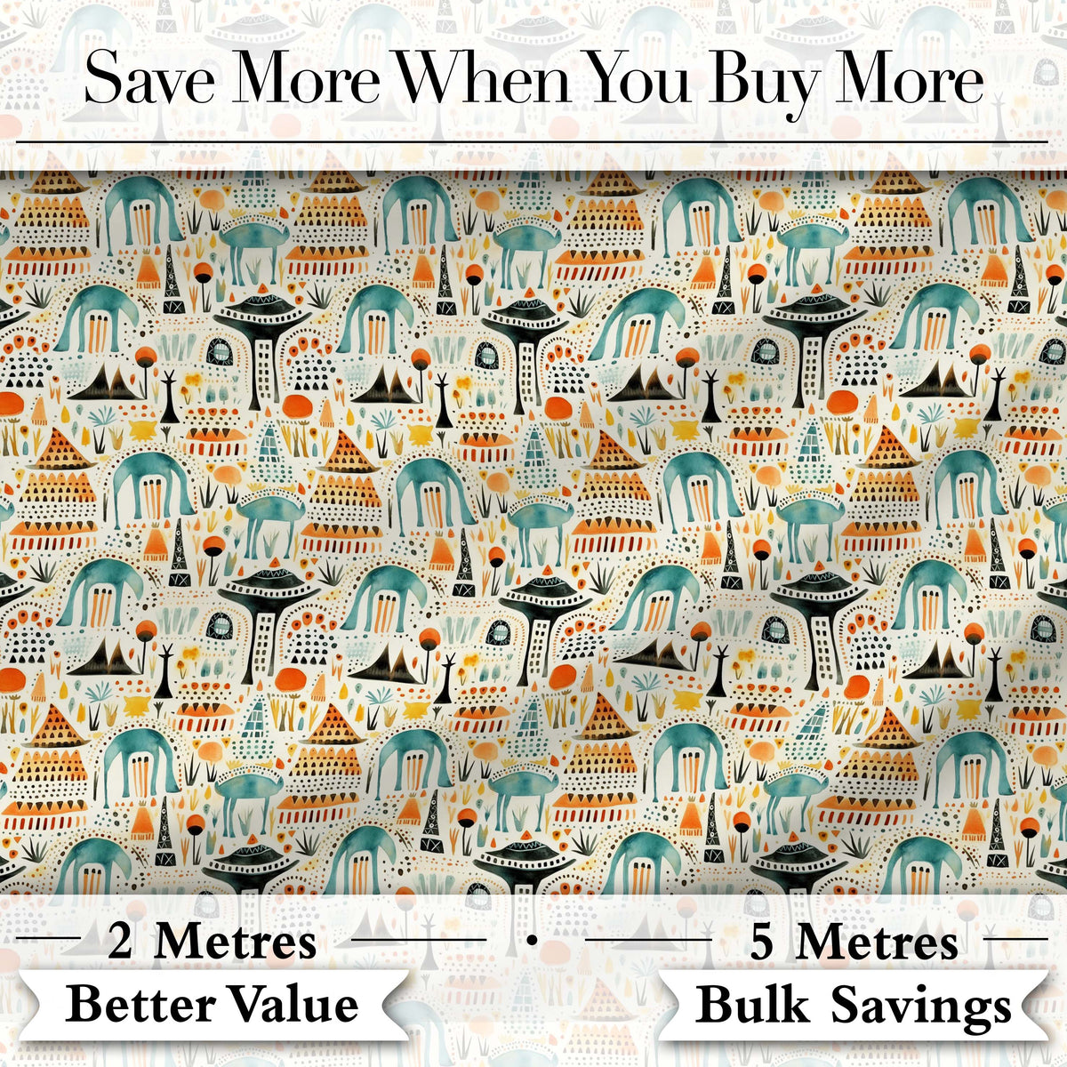 Whimsical Tribal Village Houses TreesAbstract Landscape Seamless Pattern Digital Print Fabric by the Metre UK Sewing Quilting Textile Design
