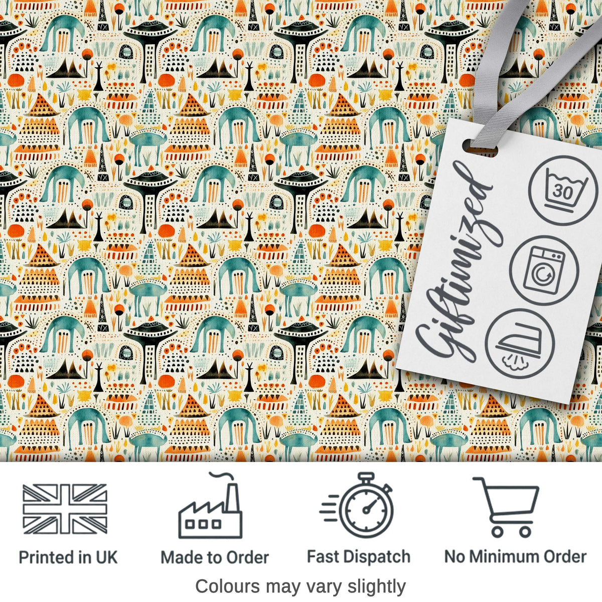 Whimsical Tribal Village Houses TreesAbstract Landscape Seamless Pattern Digital Print Fabric by the Metre UK Sewing Quilting Textile Design