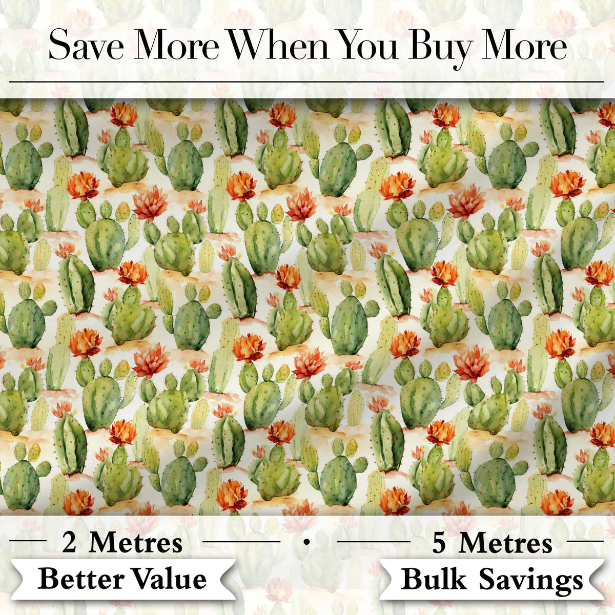 Warm Desert Cactus Orange Blossoms Watercolor Seamless Pattern Digital Print Fabric by the Metre UK Sewing Quilting Textile Design