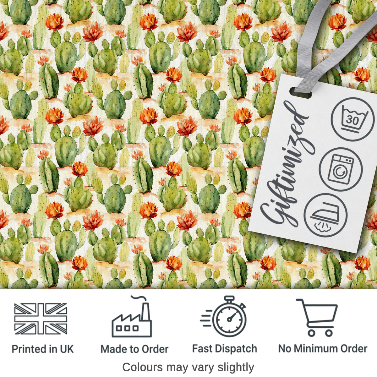 Warm Desert Cactus Orange Blossoms Watercolor Seamless Pattern Digital Print Fabric by the Metre UK Sewing Quilting Textile Design