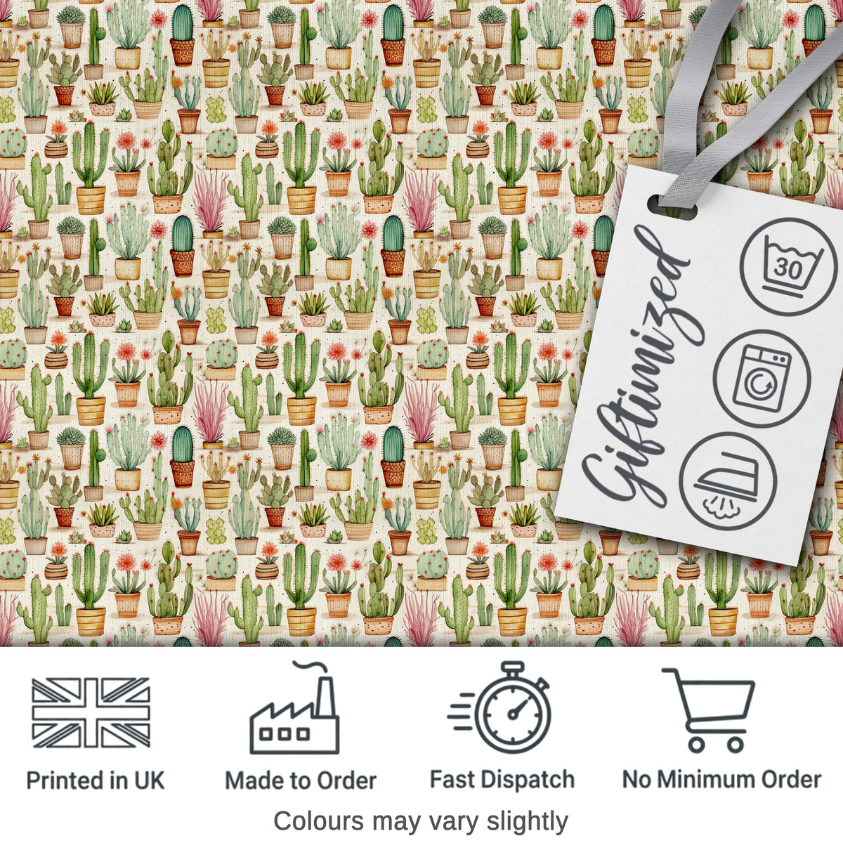 Hand Drawn Potted Succulents Cactus Garden Seamless Pattern Digital Print Fabric by the Metre UK Sewing Quilting Textile Design