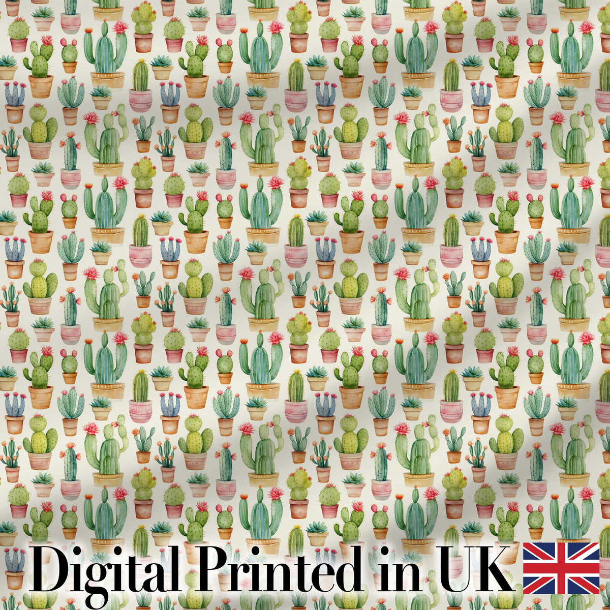 Charming Pastel Potted Cactus Succulent Garden Seamless Pattern Digital Print Fabric by the Metre UK Sewing Quilting Textile Design