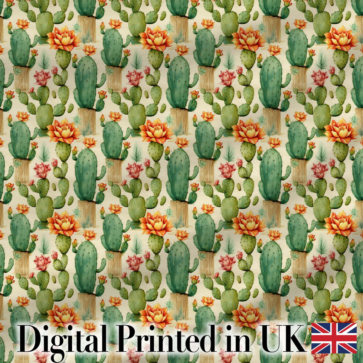 Elegant Blooming Cactus Floral Botanical Seamless Pattern Digital Print Fabric by the Metre UK Sewing Quilting Textile Design