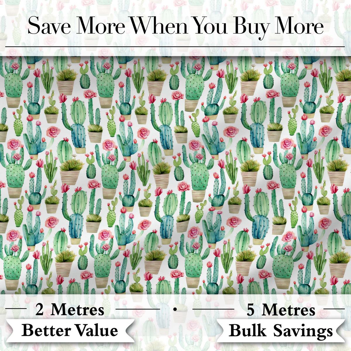 Fresh Green Cactus with Pink Flowers Watercolor Seamless Pattern Digital Print Fabric by the Metre UK Sewing Quilting Textile Design