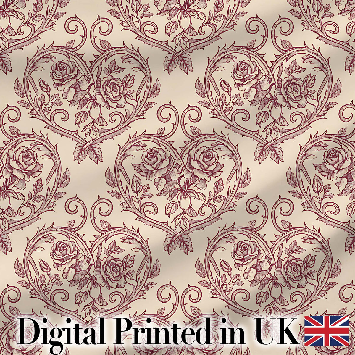 Vintage Rose Heart Scroll Ornamental Seamless Pattern Digital Print Fabric by the Metre UK Sewing Quilting Textile Design