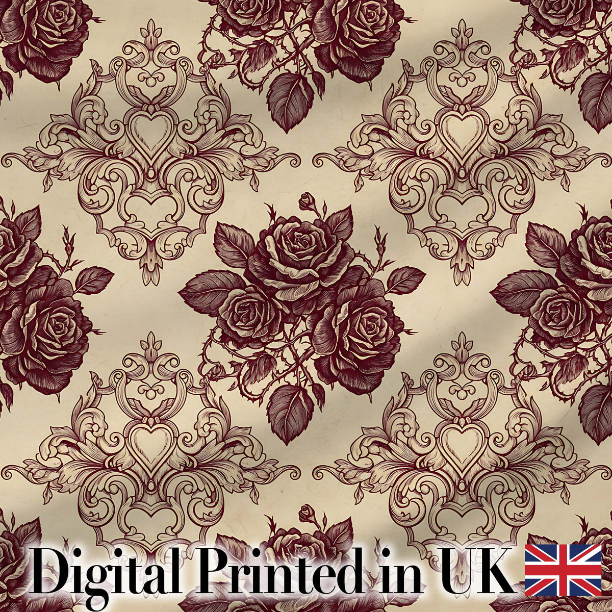 Classic Baroque Rose Damask Ornate Seamless Pattern Digital Print Fabric by the Metre UK Sewing Quilting Textile Design